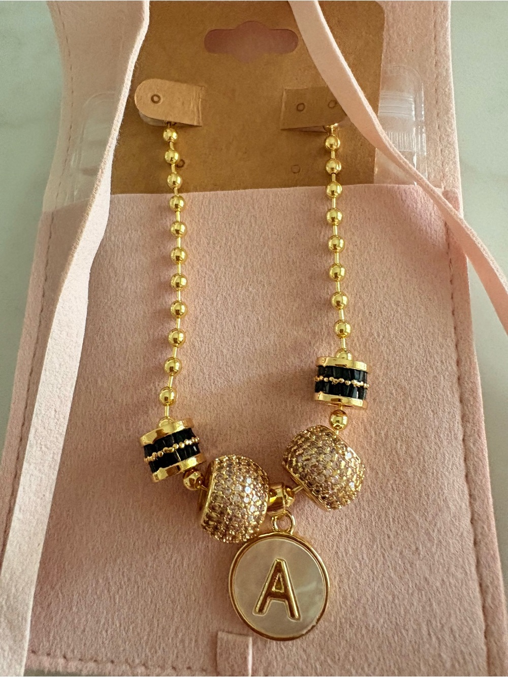 Gold Tone Bead Necklace with Pink Initial mother of pearl letter ‘A’